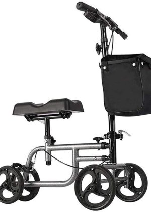 4 Wheels Knee Scooter Walker, All Terrain Rolling Steerable Adjusted Height Walking Aid with Storage Bags