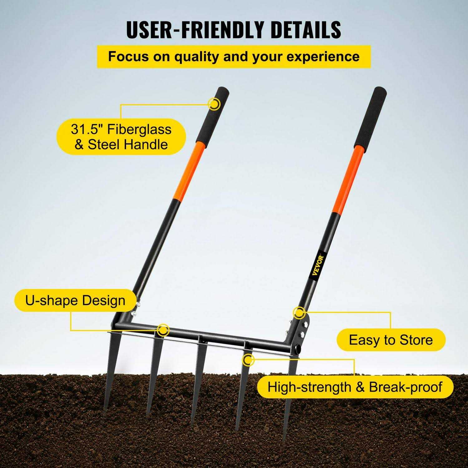VEVOR Broad Fork Tool, 5 Tines 20 in Wide, Garden Tool with Fiberglass Handle for Gardening and Cultivating - Image 3