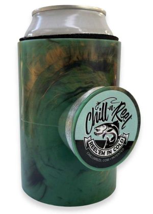 Chill-N-Reel Fishing Can Cooler Hard Shell Drink Holder with Hand Line Reel Attached