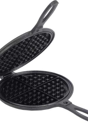 Lehman’s Cast Iron Waffle Maker Pre-Seasoned Stovetop 2 Piece Hinged Waffle Pan Makes 7 Round Waffles