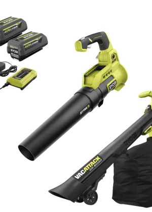 RYOBI 40V Cordless 110 MPH 525 CFM Cordless Leaf Blower and Cordless Leaf Vacuum/Mulcher w/ Batteries and Chargers